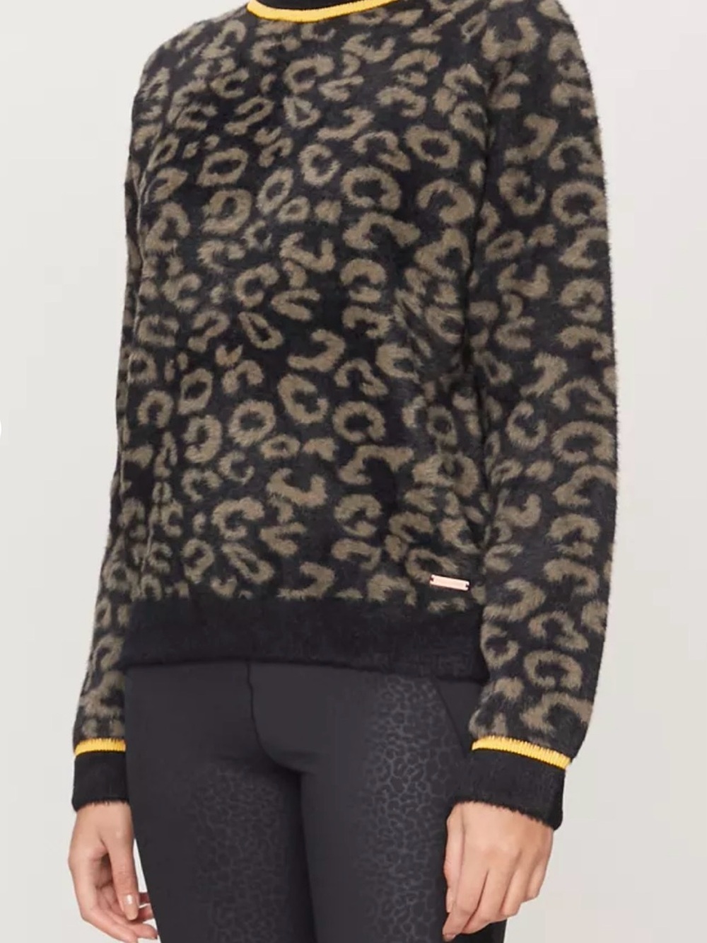 Sweaty Betty XS Fuzzy Leopard Jumper Sweater Animal Print Yellow Trim